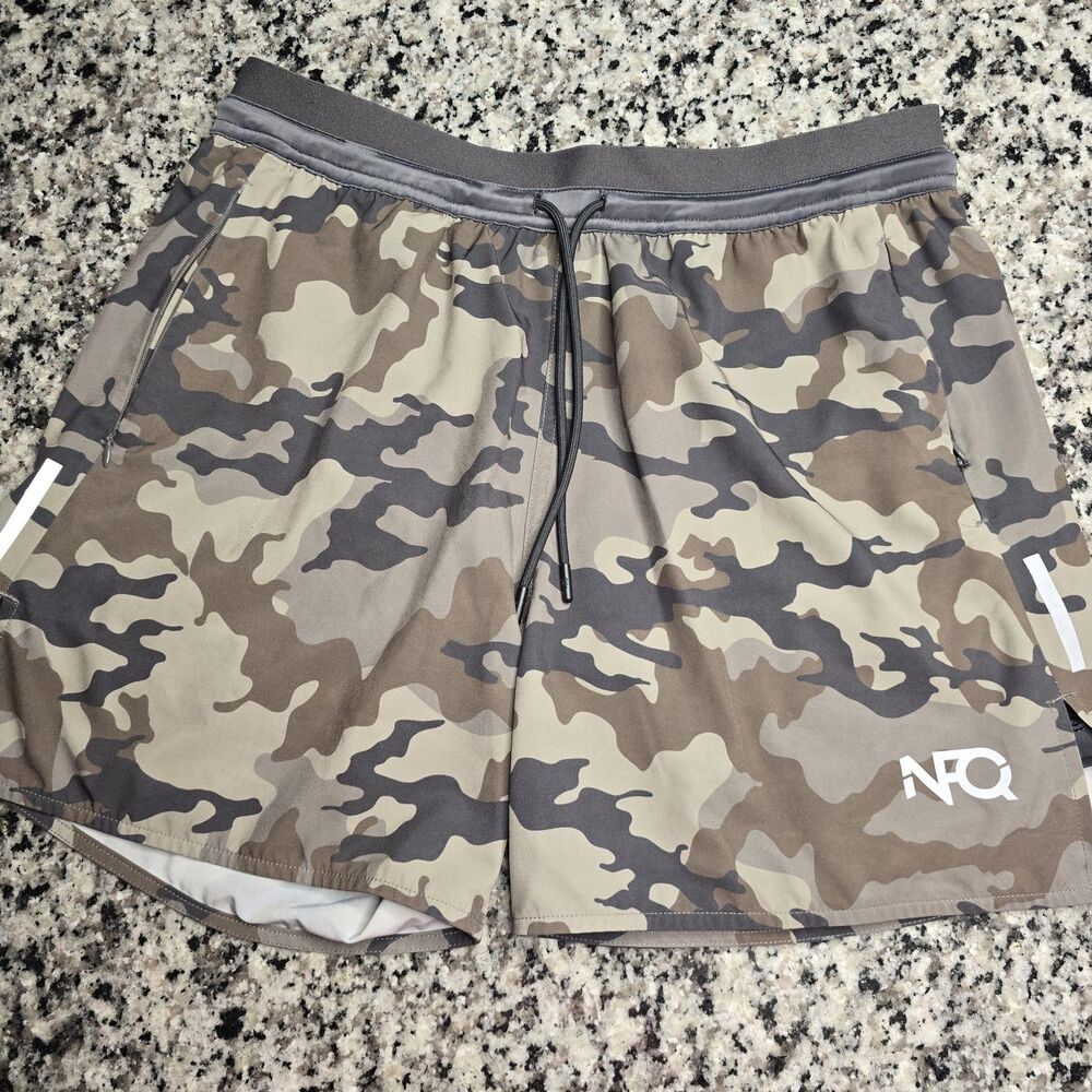 NFQ Lined Training Shorts Men Large Camo Athletic Gym Workout Zipper Pockets